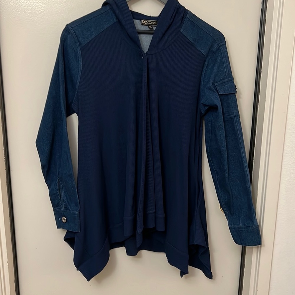 DG2 Diane Gilman Twill Knit Denim Combo Draped Jacket Indigo Blue